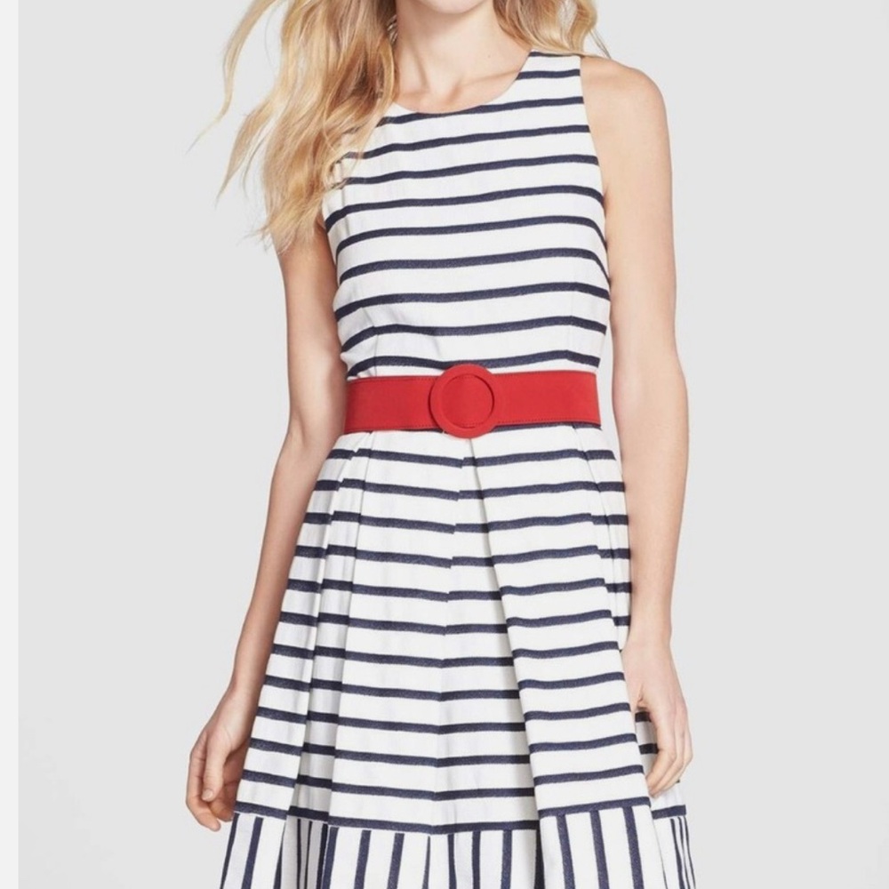 Eliza J Belted Stripe Fit & Flare Dress